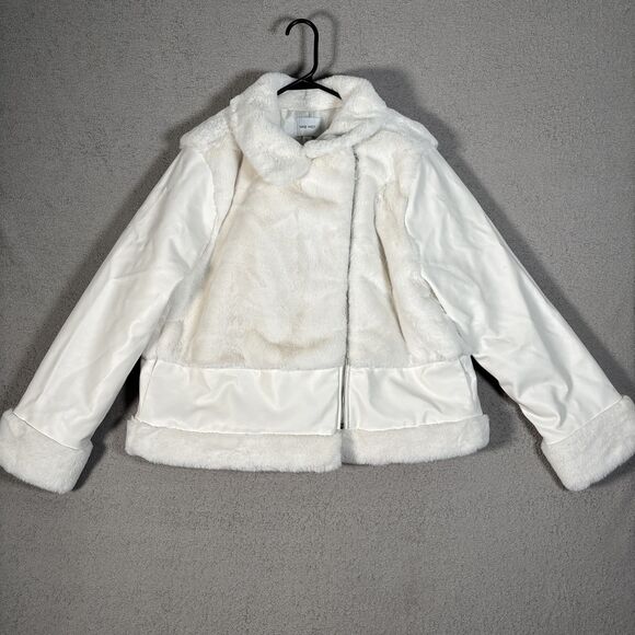 Women's Nine West Daisy Dew Faux-Fur Faux-Leather Moto Jacket XL White MSRP $78 - Picture 1 of 16